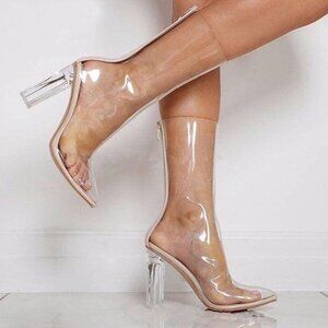 IT'S CLEAR TO SEE  MID CALF POINTED TOE BLOCK HIGH HEEL BOOTS ( BRAND NEW !!! )